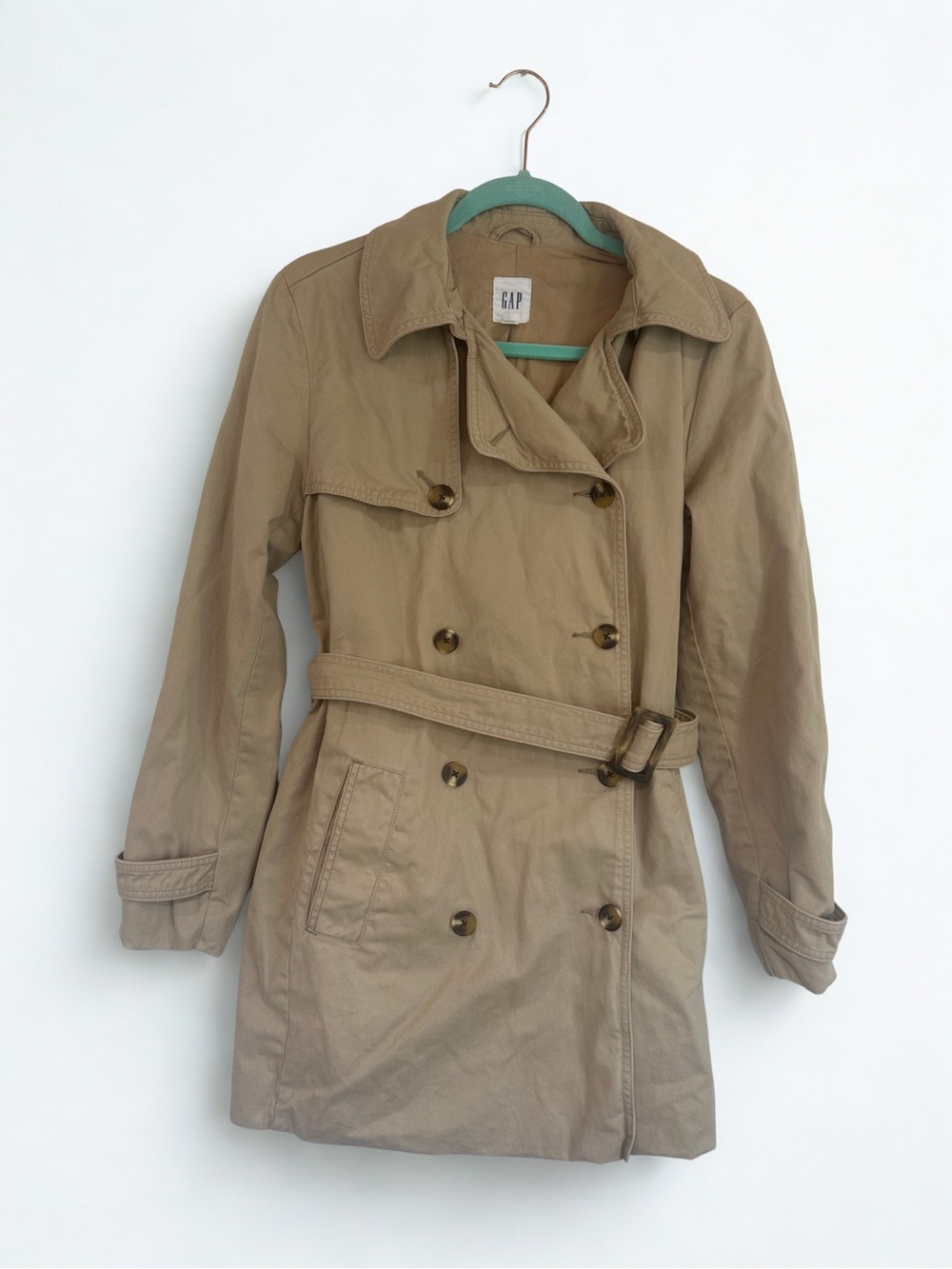 GAP Women's Khaki Double-Breasted Belted Trench Coat